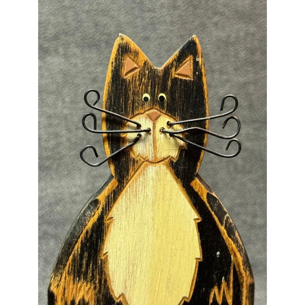 Wood Carved Black Cat Figurine Wire Whiskers Mouse Folk Art Statue Kitten Mice